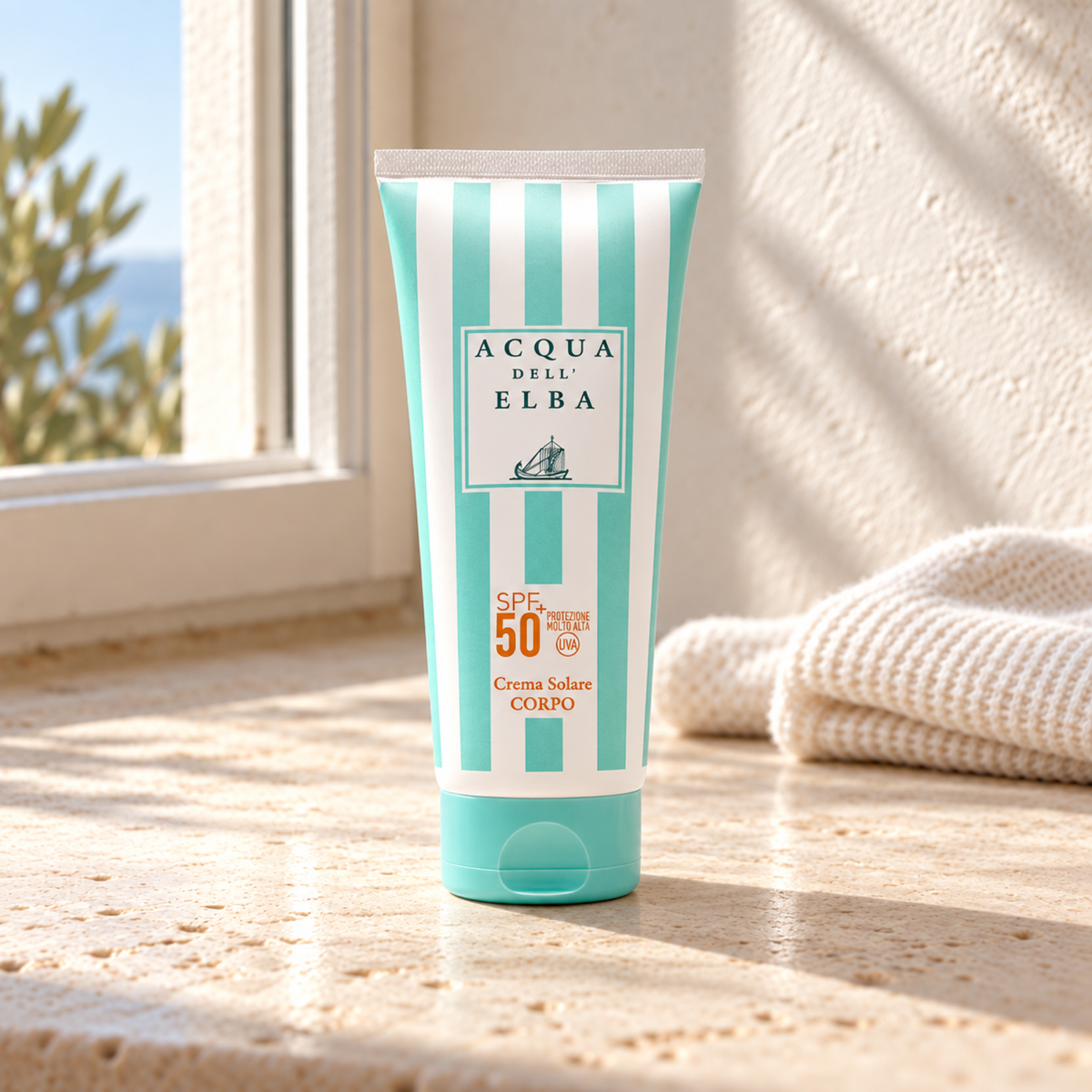 BODY SUNSCREEN SPF 50+ — natural window-light lifestyle