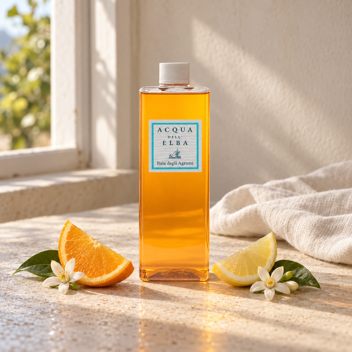 BAIA DEGLI AGRUMI — diffuser refill 500 ml, natural window-light lifestyle
