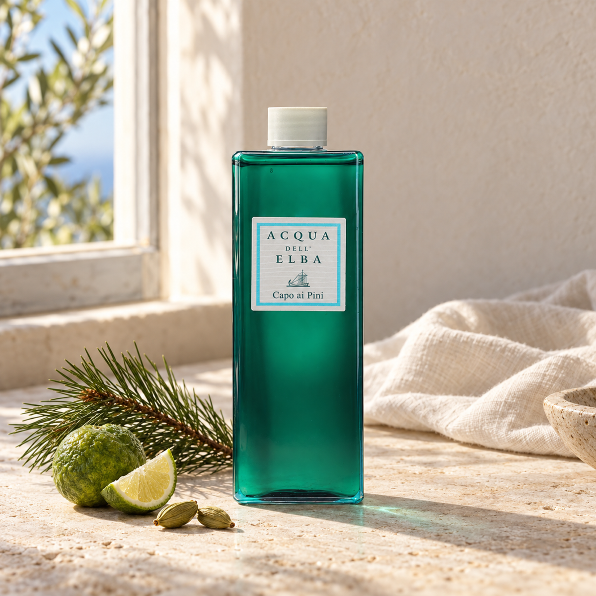 CAPO AI PINI — diffuser refill 500 ml, natural window-light lifestyle