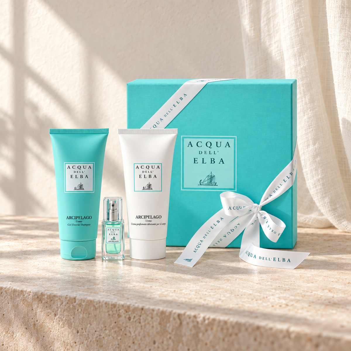 GIFT BOX ARCIPELAGO MAN - BODY CREAM + SHOWER GEL + EDP — complete gift set, natural window-light lifestyle