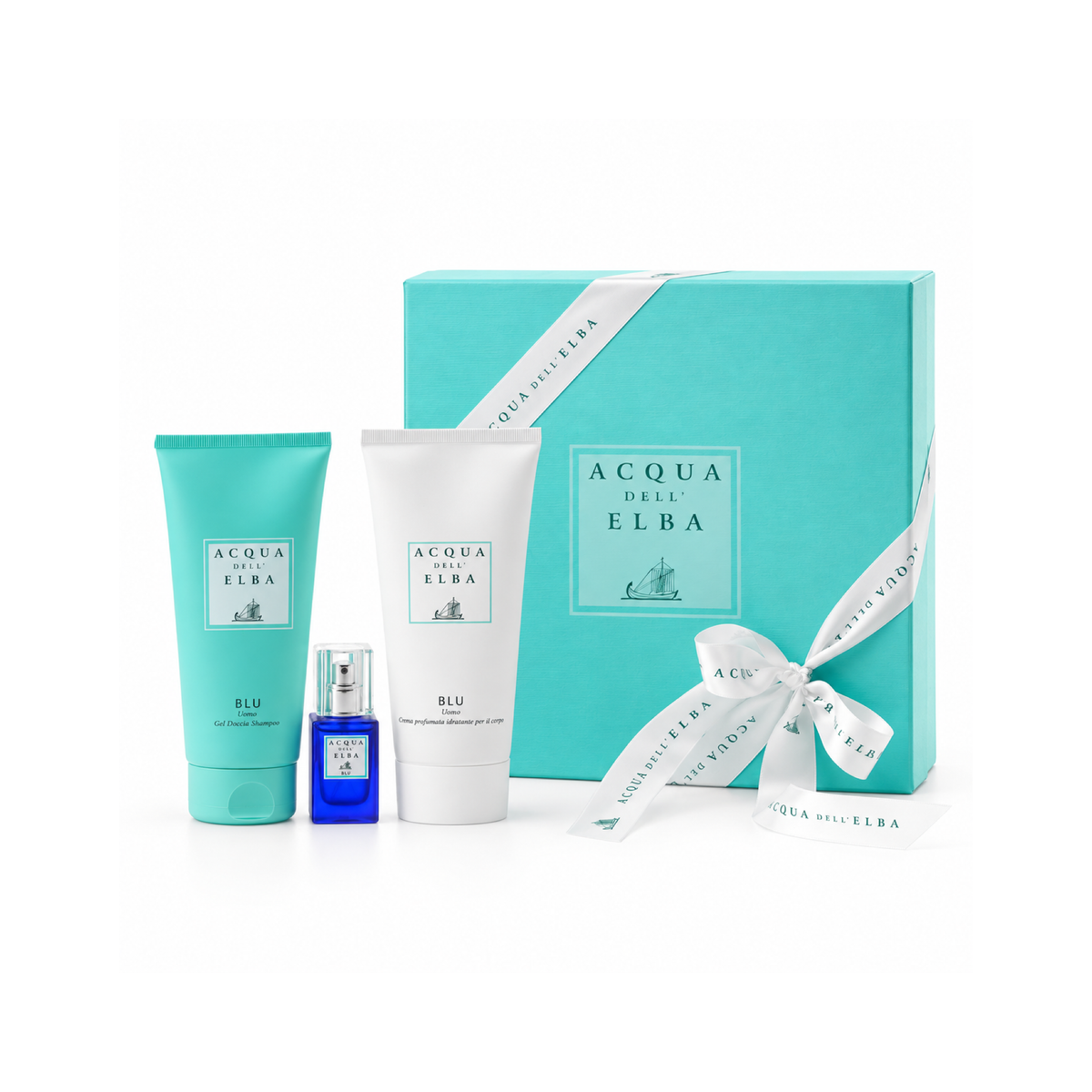 GIFT BOX BLU MAN - BODY CREAM + SHOWER GEL + EDP — complete gift set, white studio background