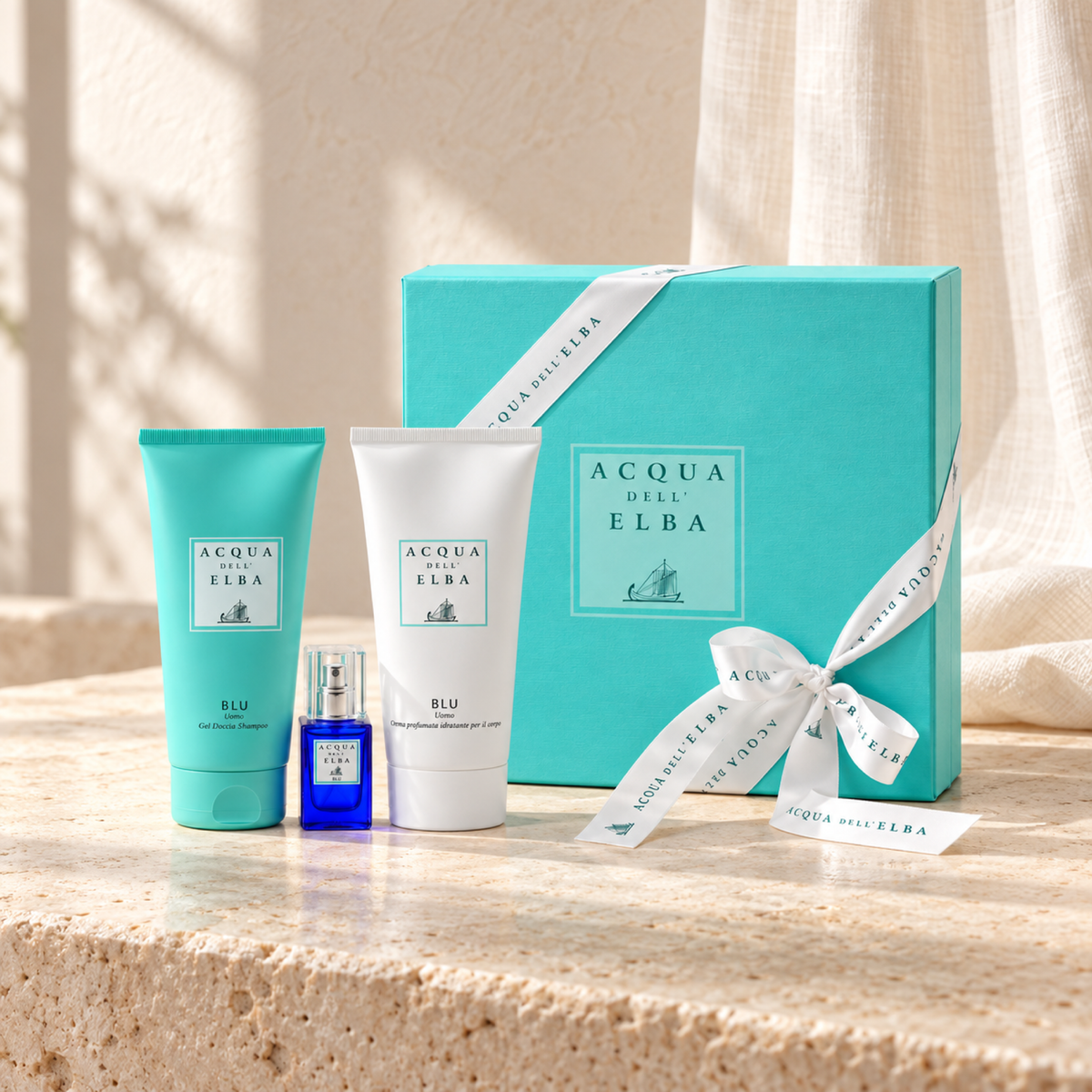 GIFT BOX BLU MAN - BODY CREAM + SHOWER GEL + EDP — complete gift set, natural window-light lifestyle