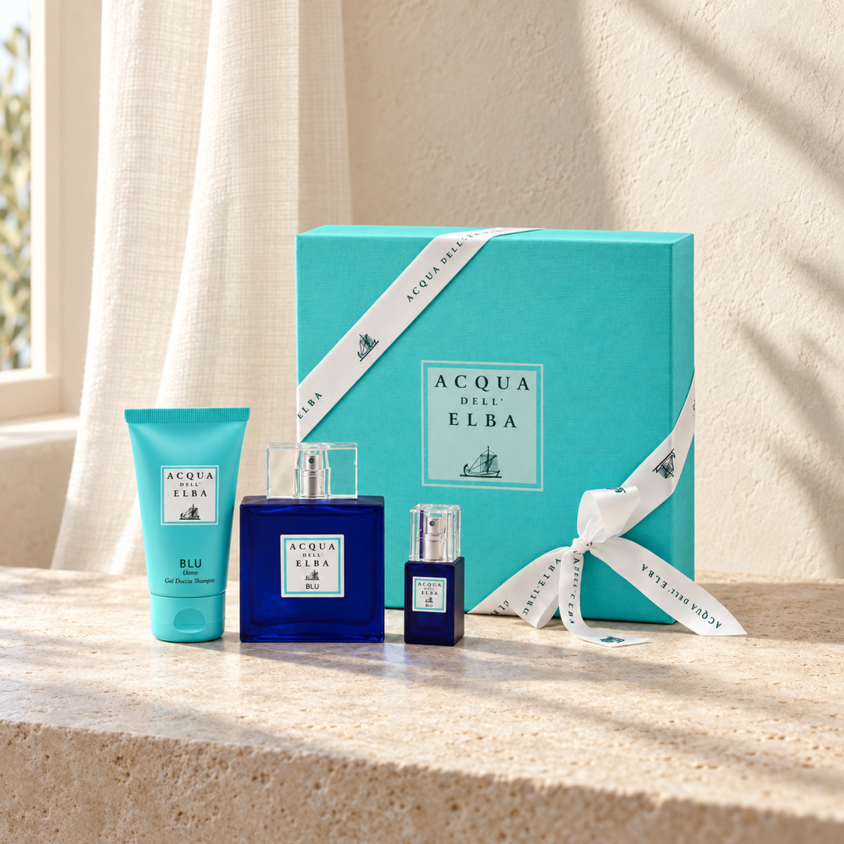 GIFT BOX BLU MAN - EDP + SHOWER GEL + EDP — complete gift set, natural window-light lifestyle