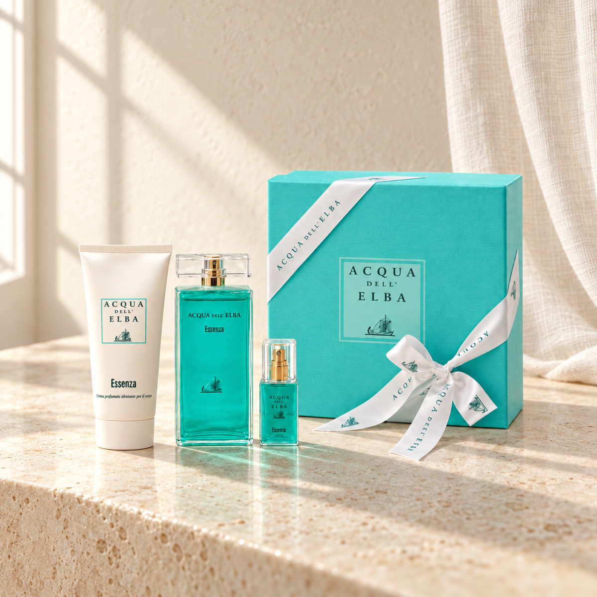 GIFT BOX ESSENZA WOMAN - EDP + BODY CREAM + EDP — complete gift set, natural window-light lifestyle