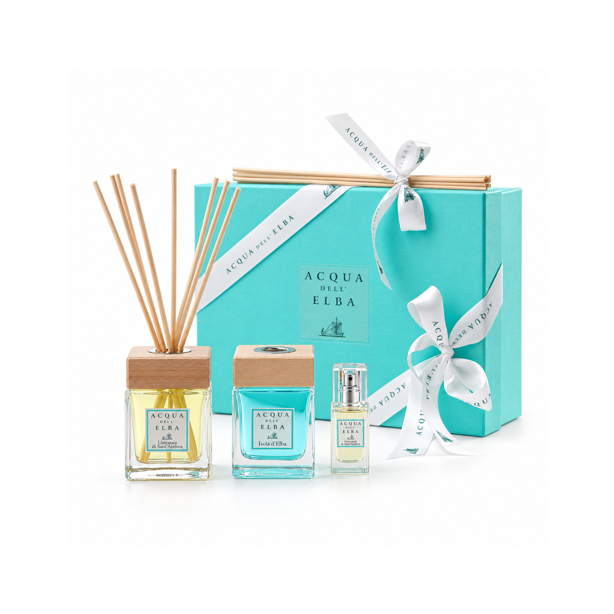 GIFT BOX - LIMONAIA DI SANT'ANDREA + ISOLA D'ELBA + ROOM SPRAY LIMONAIA DI SANT'ANDREA — complete gift set, white studio background