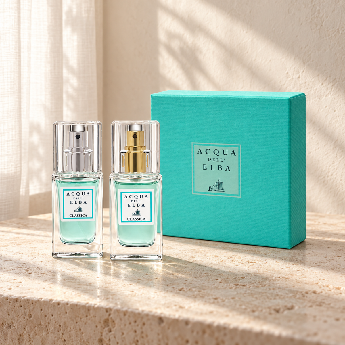 GIFT BOX NOSTRA CLASSICA - EDP MAN + EDP WOMAN — complete gift set, natural window-light lifestyle