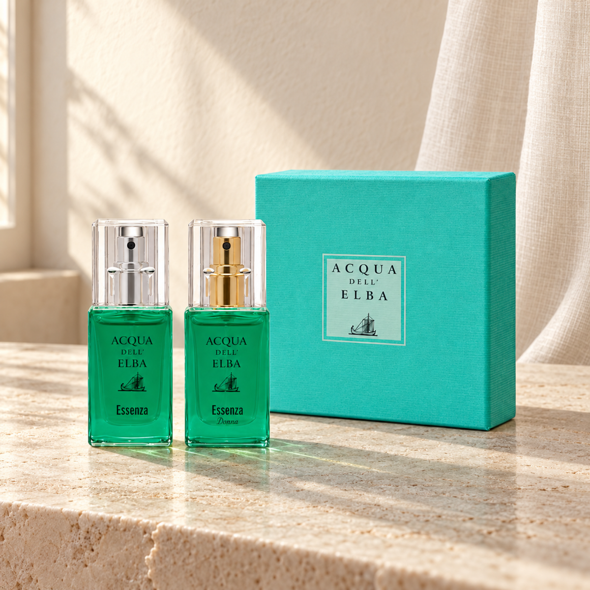 GIFT BOX NOSTRA ESSENZA - EDP MAN + EDP WOMAN — complete gift set, natural window-light lifestyle